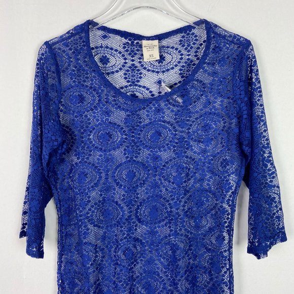NWT Abercrombie & Fitch Royal Blue Lace 3/4 Sleeve Top Swim Cover Up Size XS NEW - Picture 2 of 9